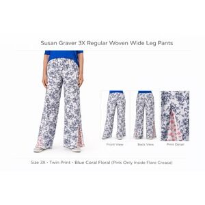 Susan Graver 3X Regular Woven Wide Leg Twin Print Floral Pants Blue Coral A37659